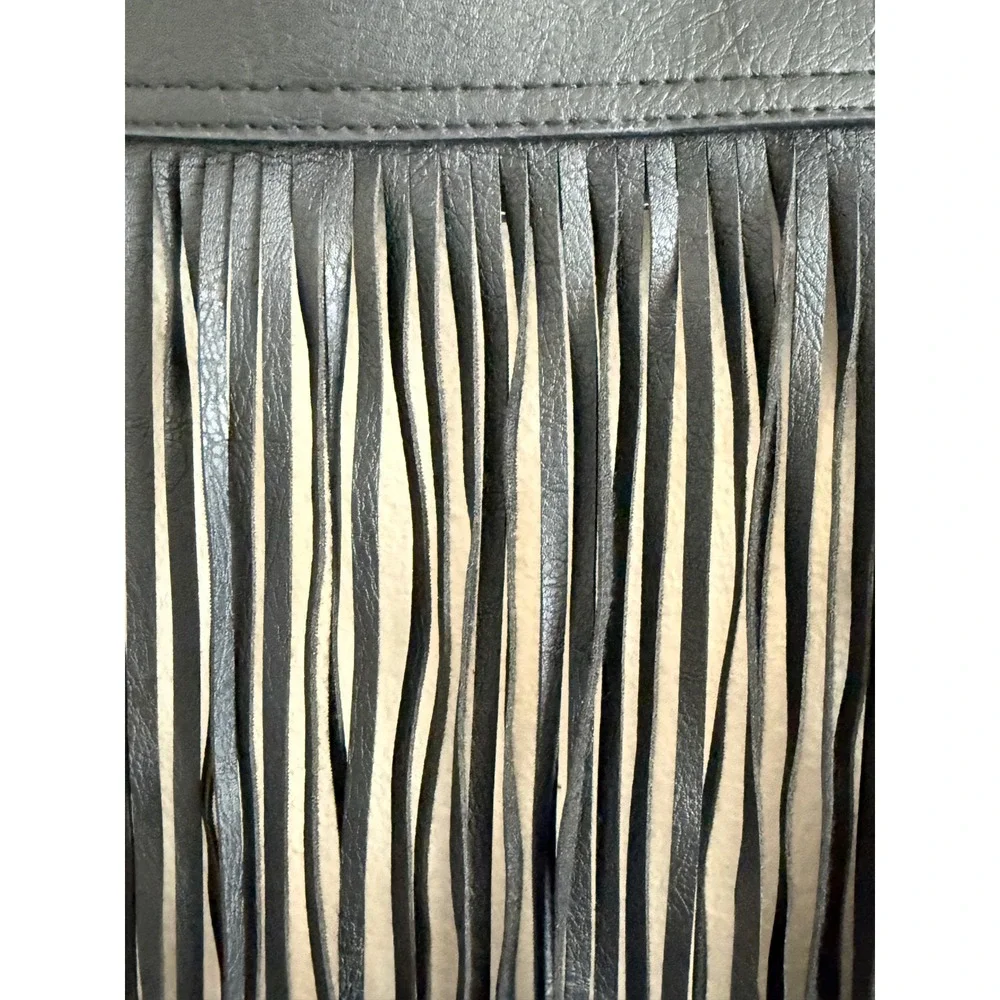 Western‎ Black Faux Leather Fringe Belt Skirt Double Buckle Festival Cowgirl - Picture 6 of 8